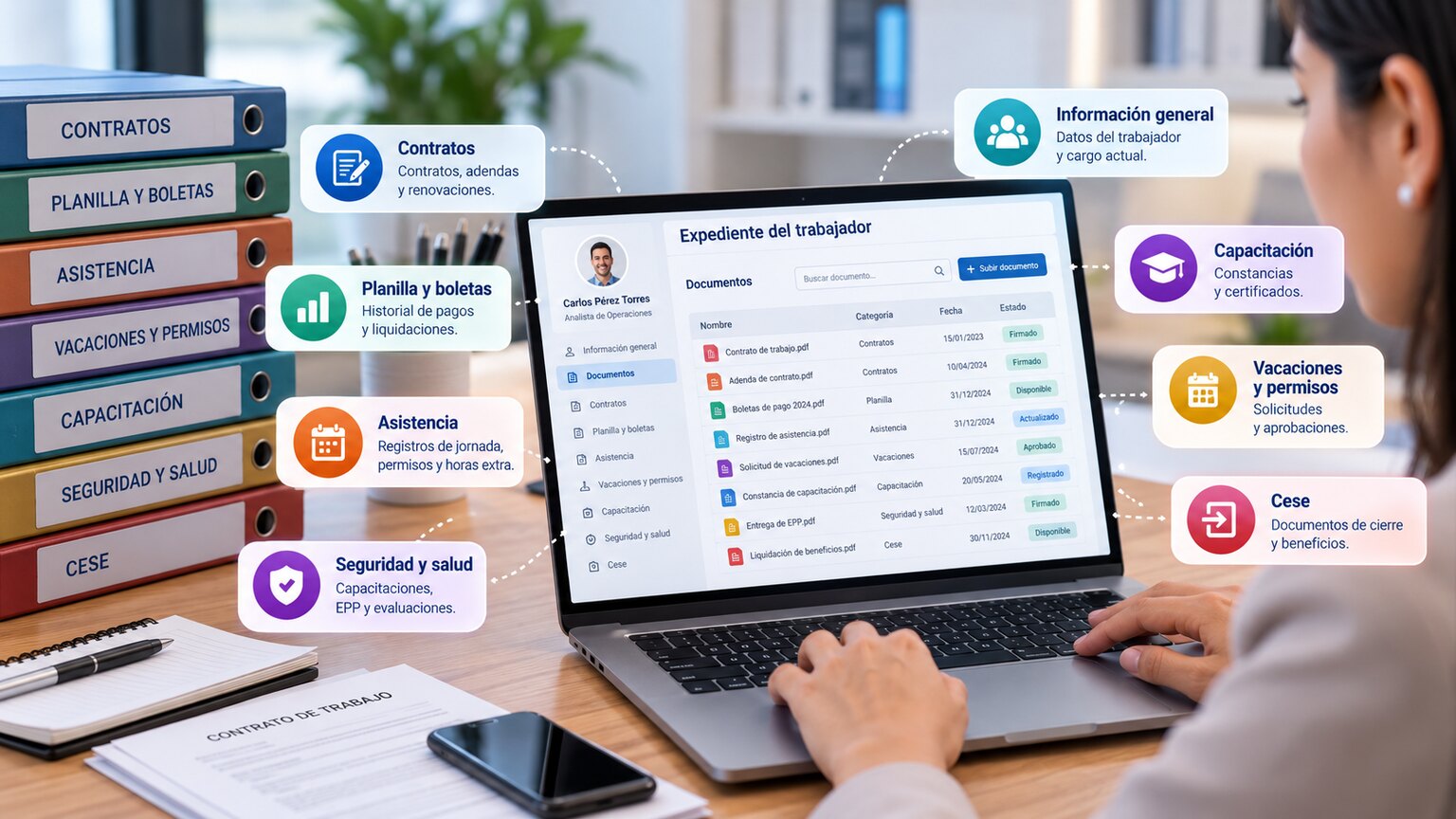 Puesto de trabajo de Recursos Humanos con expediente laboral digitalizado en el laptop y carpetas de documentos etiquetadas